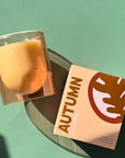 clear glass taupe candle next to packaging that says 'AUTUMN' on green background