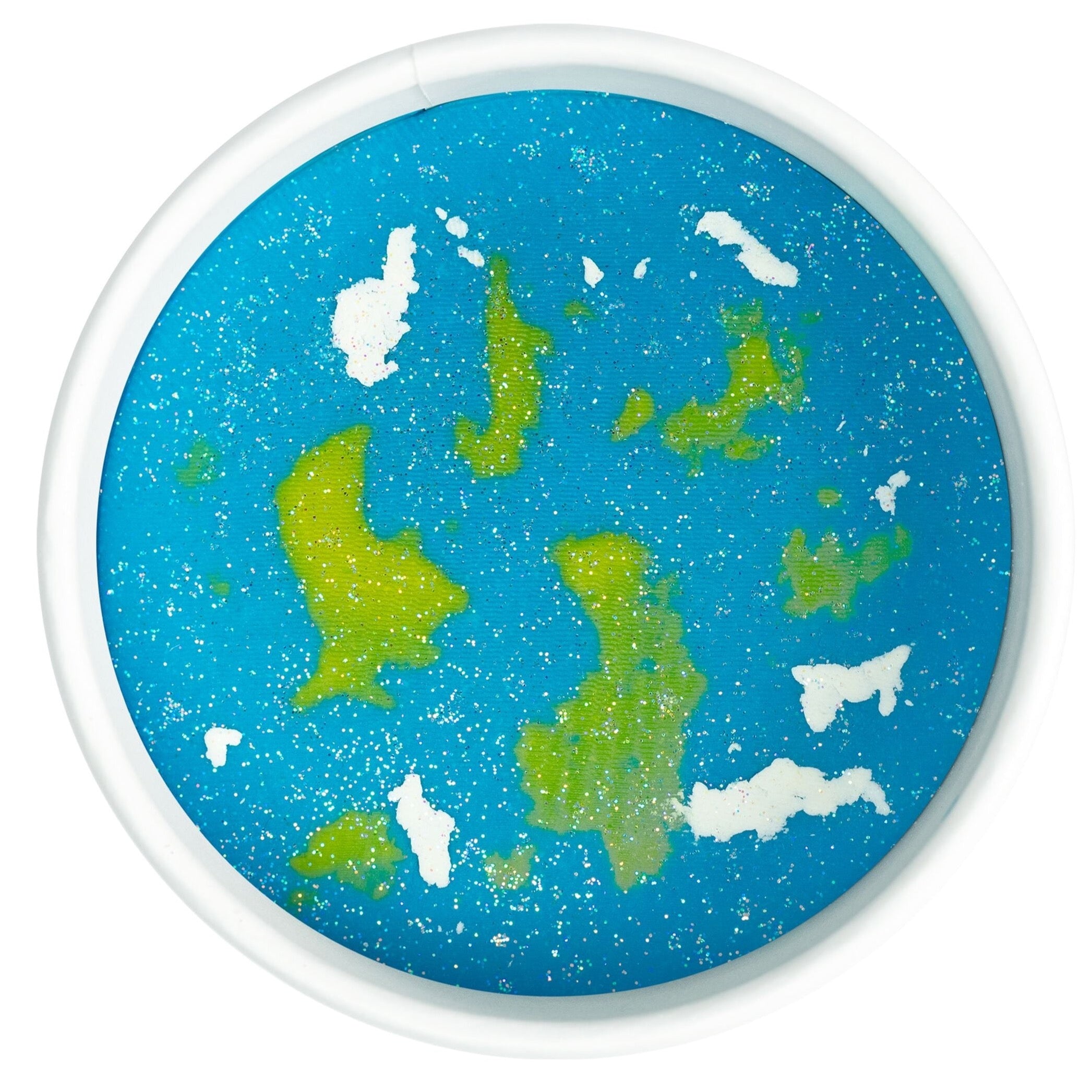 Round container of blue, green , white glittery dough