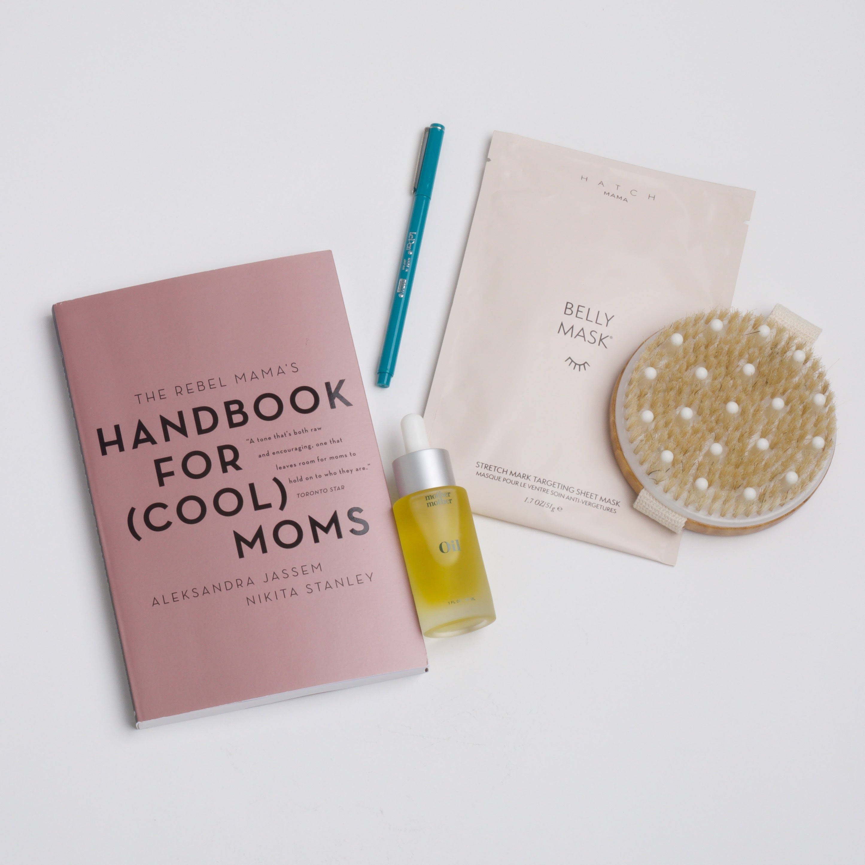 BOXFOX Gift Box filled with Handbook for (Cool) Moms, Le Pen Teal Pen, Mother Mother Belly Oil, HATCH Belly Sheet Mask, and Skön Round Dry Brush