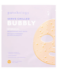 Square, light purple envelope with graphic of the Bubbly Hydrogel Face Mask on the right side. Text on packaging reads,"patchology Serve Chilled Bubbly Hydrogel Brightening Face Mask -Orange Extract -Niacinamide -Resveratrol 1 Mask 30g 1.058oz". Photographed on white background.