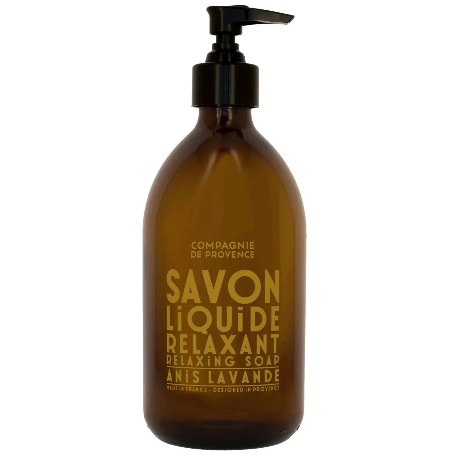 brown soap bottle with black dispenser. Has yellow text on the front
